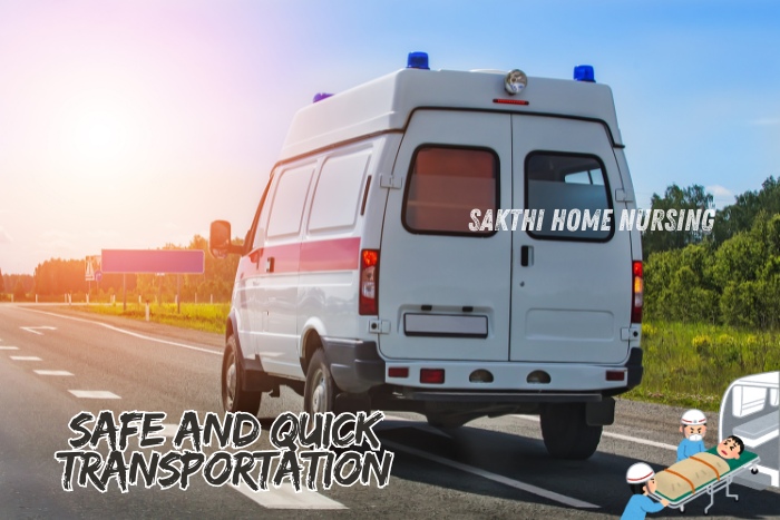 Safe and Quick Transportation by Sakthi Home Nursing in Coimbatore. An ambulance drives swiftly on a highway, ensuring rapid medical response and efficient patient transport. Our dedicated ambulance services provide reliable and prompt care, prioritizing patient safety and well-being during emergencies