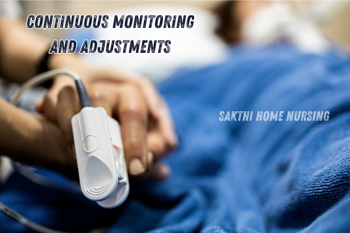 Continuous Monitoring and Adjustments by Sakthi Home Nursing Service in Coimbatore. Close-up of a patients hand with a pulse oximeter, ensuring accurate vital sign tracking and immediate care adjustments. Our dedicated team provides round-the-clock ICU-level monitoring at home