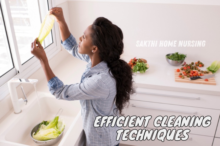 Efficient cleaning techniques by Sakthi Home Nursing Service in Coimbatore, with a focus on preparing fresh ingredients and maintaining a clean kitchen environment