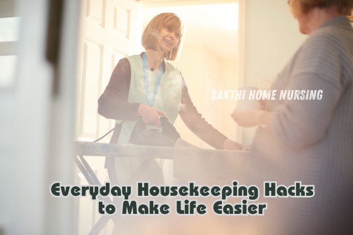 Efficient housekeeper from Sakthi Home Nursing Service in Coimbatore ironing clothes, showcasing everyday housekeeping hacks to make life easier