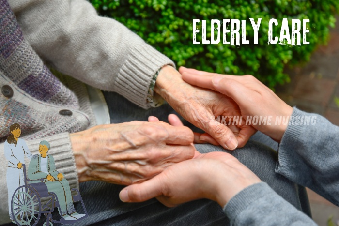 Compassionate elderly care in Coimbatore by Sakthi Home Nursing. Close-up of a caregiver holding an elderly person's hands, emphasizing the warmth and personalized attention provided to senior citizens.