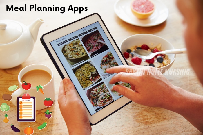 Meal planning apps for personalized home cooking in Coimbatore by Sakthi Home Nursing. Person using a tablet to browse recipes, highlighting the integration of technology in meal preparation and planning