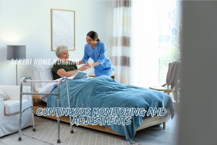 Continuous Monitoring and Adjustments by Sakthi Home Nursing in Coimbatore. A nurse attentively cares for an elderly patient in a home setting, ensuring personalized and continuous medical monitoring. Our dedicated team provides high-quality home healthcare services to ensure the comfort and well-being of our patient