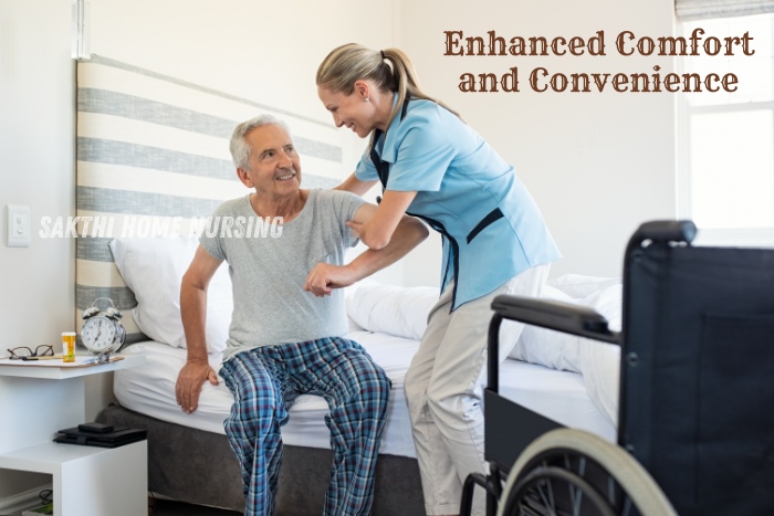 Enhanced Comfort and Convenience by Sakthi Home Nursing in Coimbatore. A dedicated nurse assists an elderly man in a home care setting, ensuring his comfort and convenience. Our personalized home healthcare services provide the best care in the familiar surroundings of your own home