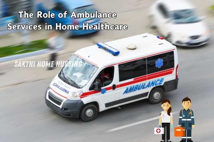 The Role of Ambulance Services in Home Healthcare by Sakthi Home Nursing in Coimbatore. An ambulance speeds through the city, emphasizing the importance of rapid medical response in home healthcare. Our professional team ensures timely and efficient transportation, providing critical care during emergencies