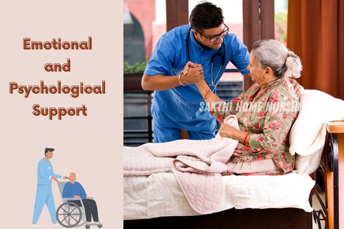 Emotional and Psychological Support by Sakthi Home Nursing in Coimbatore. A compassionate nurse offers emotional support to an elderly patient in a home care setting, ensuring holistic well-being. Our team is dedicated to providing comprehensive care that addresses both physical and emotional needs