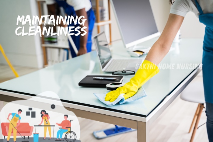 Maintaining cleanliness in Coimbatore with Sakthi Home Nursing. Professional cleaner wiping a desk, highlighting comprehensive home cleaning services for a spotless and organized living environment