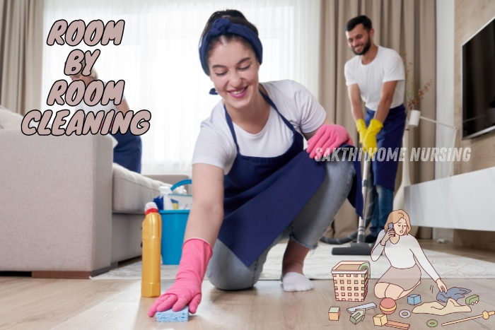 Room by room cleaning services in Coimbatore by Sakthi Home Nursing. Smiling professional cleaners tidying up a living room, showcasing thorough and organized home cleaning solutions.