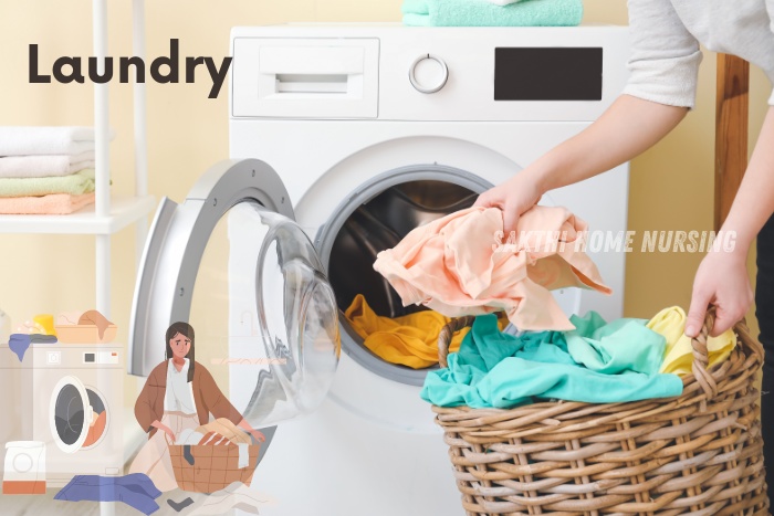 Professional laundry services in Coimbatore by Sakthi Home Nursing. Person loading colorful clothes into a washing machine, showcasing the convenience and efficiency of home-based laundry care.