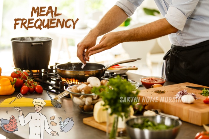 Professional home cook preparing a meal in a Coimbatore kitchen, showcasing the importance of meal frequency and personalized culinary services by Sakthi Home Nursing