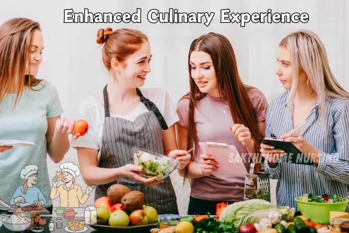 Enhanced culinary experience in Coimbatore with Sakthi Home Nursing. Group of women enjoying a cooking session with fresh ingredients, showcasing personalized home cooking services