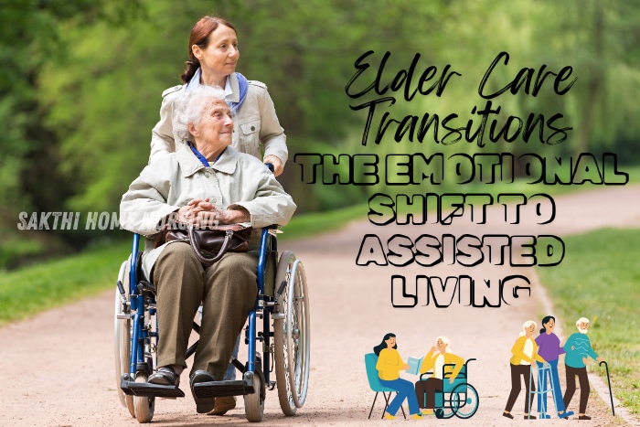 Elderly woman in a wheelchair being pushed by a caregiver in a park, representing elder care transitions and the emotional shift to assisted living provided by Sakthi Home Nursing Service in Coimbatore