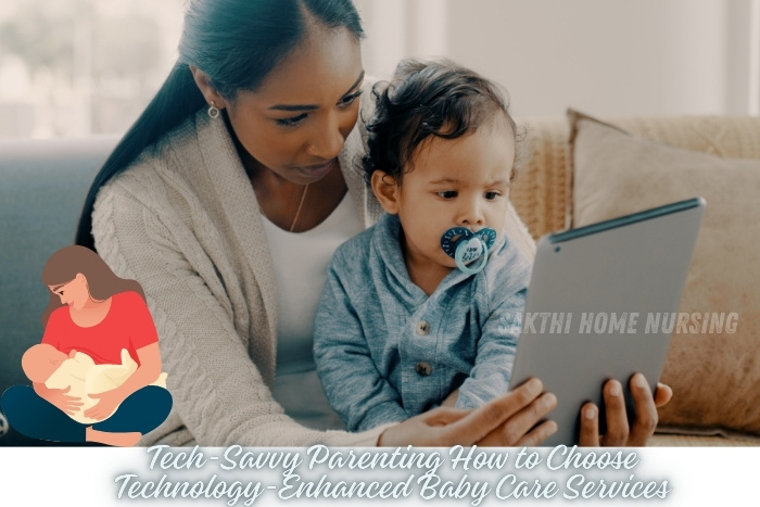 Mother using a tablet to explore technology-enhanced baby care services offered by Sakthi Home Nursing Service in Coimbatore for smart and tech-savvy parenting solutions