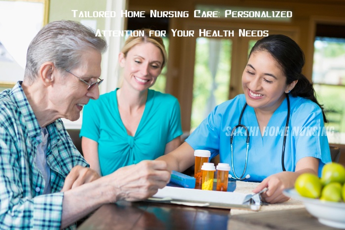 Senior patient receiving personalized home nursing care from Sakthi Home Nursing Service in Coimbatore, discussing medication and health plan with a professional nurse and family caregiver