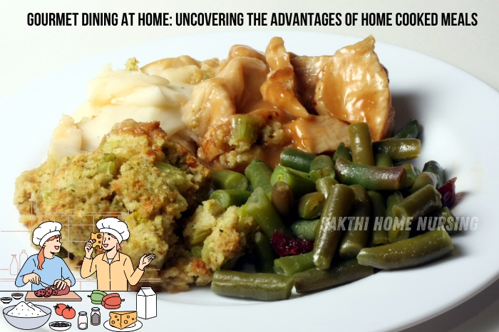 Delicious home-cooked meal featuring mashed potatoes, green beans, and stuffing, highlighting the gourmet dining services offered by Sakthi Home Nursing Service in Coimbatore