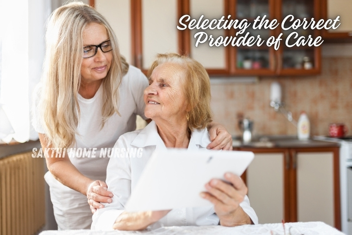 Selecting the right home nursing care provider in Coimbatore with Sakthi Home Nursing Service. A caregiver assisting an elderly woman with a tablet, representing compassionate and professional in-home elderly care services