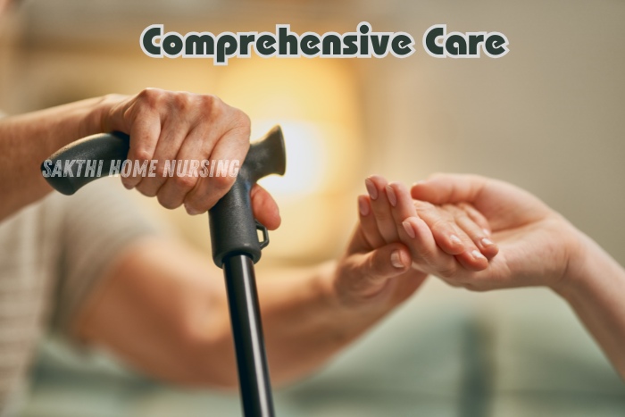 Comprehensive elderly care services provided by Sakthi Home Nursing Service in Coimbatore. A caregiver offering support to a senior holding a walking cane, symbolizing personalized and compassionate in-home care