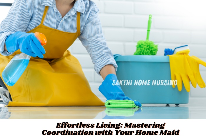 Professional home maid services in Coimbatore provided by Sakthi Home Nursing Service. A home maid cleaning with essential tools, ensuring a clean and organized living space through efficient coordination