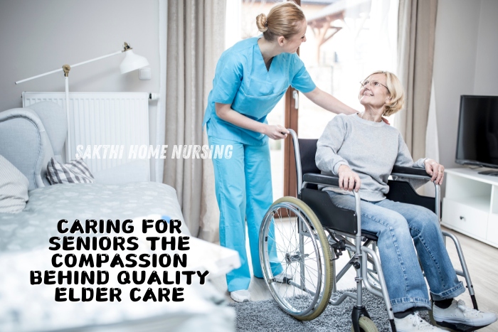 Experienced caregiver from Sakthi Home Nursing Service in Coimbatore assisting a senior woman in a wheelchair, highlighting compassionate elder care and personalized home nursing services