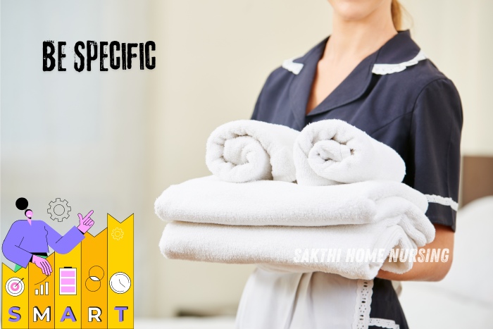 Professional home maid service in Coimbatore by Sakthi Home Nursing Service, featuring a staff member holding neatly folded towels. Focus on delivering specific and high-quality housekeeping services for a well-maintained home