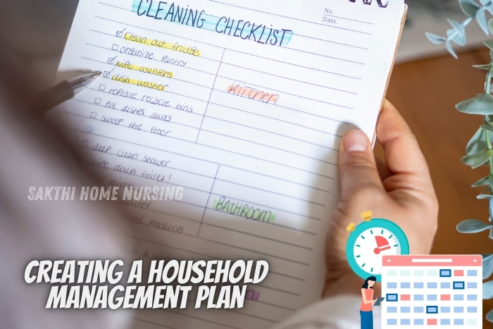 Organizing a household management plan in Coimbatore with Sakthi Home Nursing Service, providing customized cleaning checklists and efficient housekeeping solutions for a stress-free home