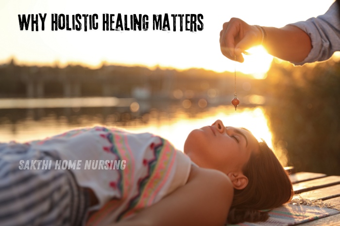 Holistic healing services by Sakthi Home Nursing Service in Coimbatore, focusing on natural and alternative therapies for comprehensive patient care. A caregiver practicing a healing session, promoting well-being and balance