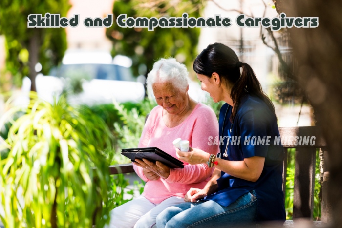 Skilled and compassionate caregivers from Sakthi Home Nursing Service in Coimbatore. Caregiver assisting a joyful elderly woman outdoors, representing dedicated and friendly in-home elderly care