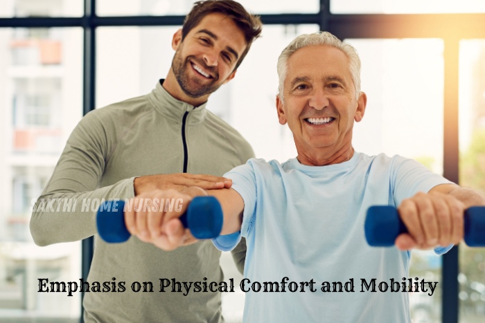 Physical therapy and mobility support services by Sakthi Home Nursing Service in Coimbatore. Caregiver assisting an elderly man with light exercises to enhance physical comfort and flexibility