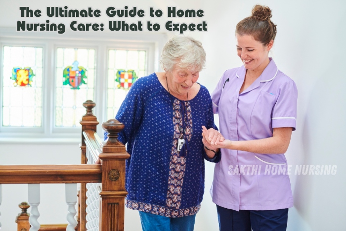 Comprehensive home nursing care guide by Sakthi Home Nursing Service in Coimbatore. Friendly caregiver assisting an elderly woman with mobility support, providing compassionate and personalized in-home nursing services