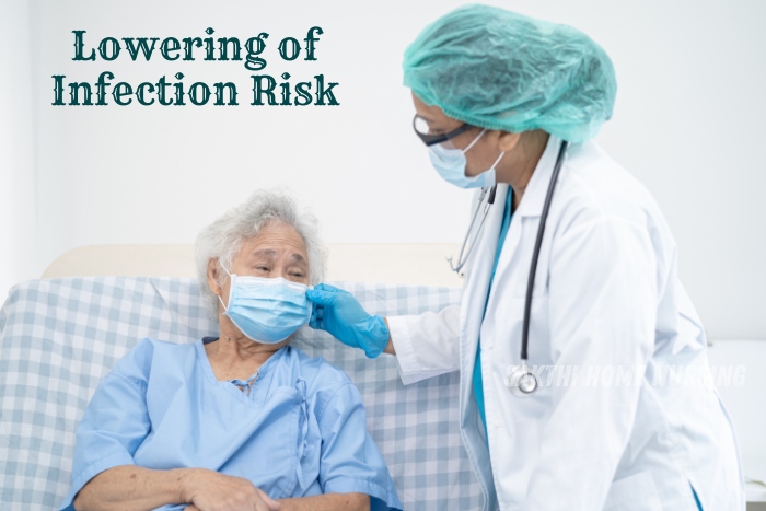 Infection risk reduction and safety protocols by Sakthi Home Nursing Service in Coimbatore. Healthcare provider wearing protective gear while caring for an elderly patient, ensuring safe and hygienic home nursing care