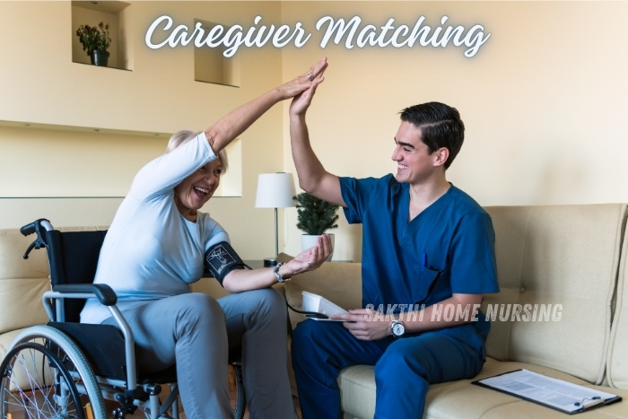 Caregiver matching services by Sakthi Home Nursing Service in Coimbatore. Caregiver celebrating with a senior patient in a wheelchair, ensuring a perfect match for personalized and compassionate home care