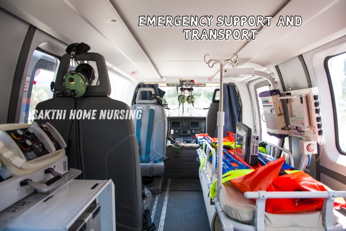 Emergency support and transport services by Sakthi Home Nursing Service in Coimbatore. Fully equipped ambulance interior, ensuring prompt and safe medical transportation for critical care patients