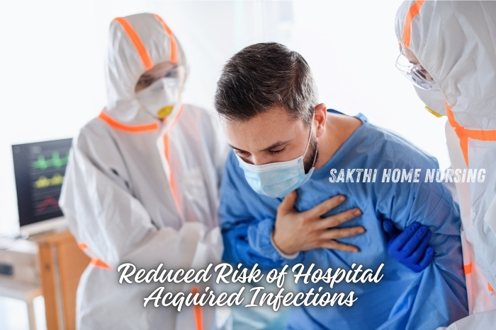 Reduced risk of hospital-acquired infections with in-home care by Sakthi Home Nursing Service in Coimbatore. Healthcare professionals in protective gear assisting a patient, emphasizing safe and hygienic home nursing care